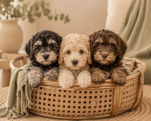 Three Schnoodle puppies in a woven basket, including a black and silver, apricot and chocolate puppy, representing healthy, family-raised Schnoodle puppies in Western Australia.