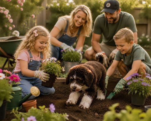 A family planting flowers in their garden while their chocolate and white Schnoodle happily explores beside them, celebrating outdoor family life and companionship.