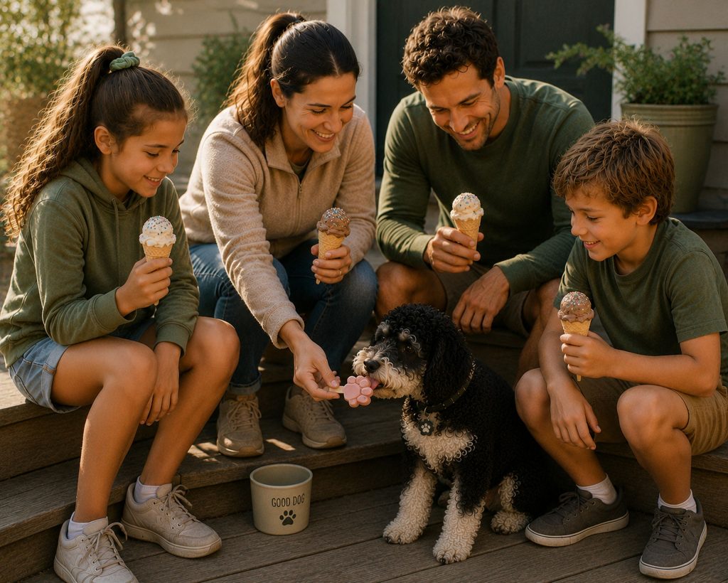A happy family sharing ice cream outdoors while giving their black and white Schnoodle a dog-friendly treat, celebrating everyday moments together with their family dog.