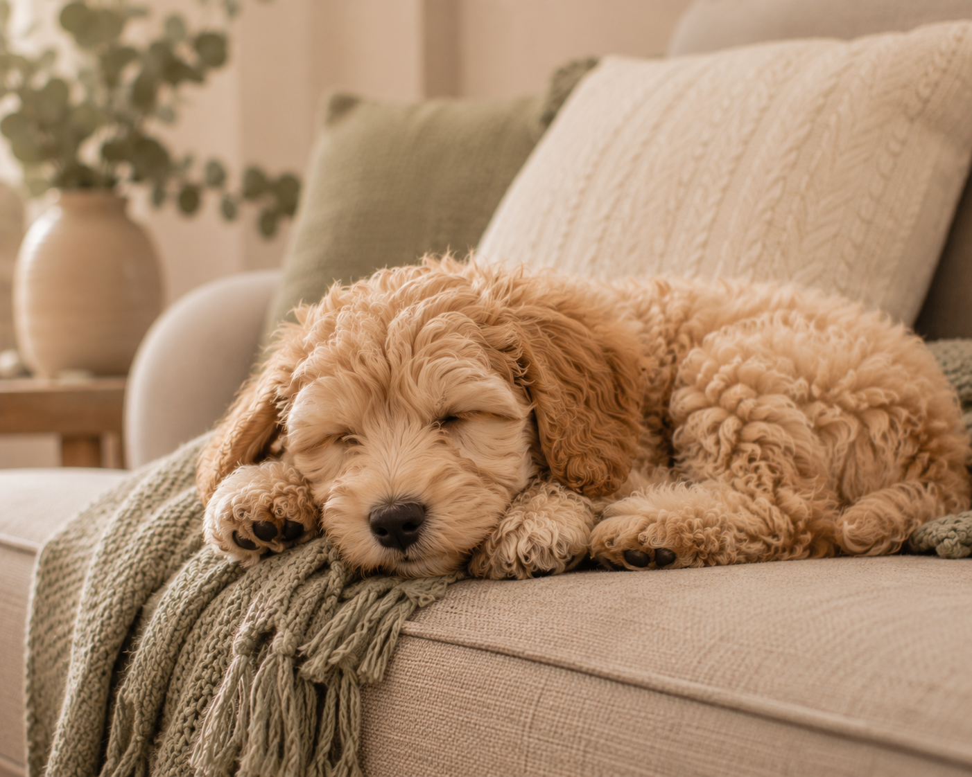 An apricot Schnoodle puppy sleeping peacefully on a cosy lounge with soft blankets and cushions, representing a happy, well-settled family companion.