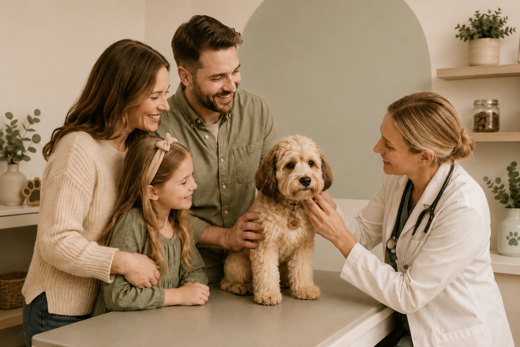 A family with their Schnoodle puppy during a veterinary health check, highlighting responsible puppy care, preventative health and lifelong support for dog owners in Western Australia.