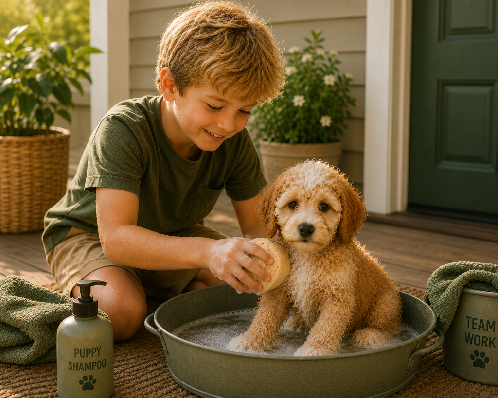 A young boy gently bathing an apricot Schnoodle puppy in a tub using puppy shampoo, creating a calm and positive grooming experience at home.