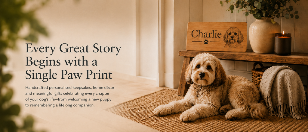An apricot Schnoodle lying beside a personalised timber dog name plaque engraved with "Charlie" in a cosy family home, representing handcrafted personalised dog keepsakes by Culver Pawstories.